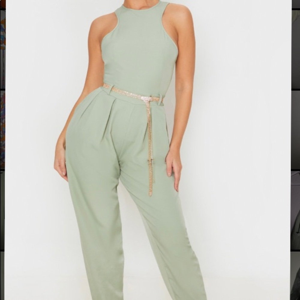 PrettyLittleThing | Sage Green Racer Back Jumpsuit